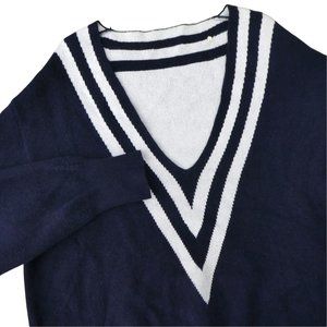 WooL CaSHMeRe Sandro Paris V Neck Sweater Varsity Tennis Jumper Navy White L XL